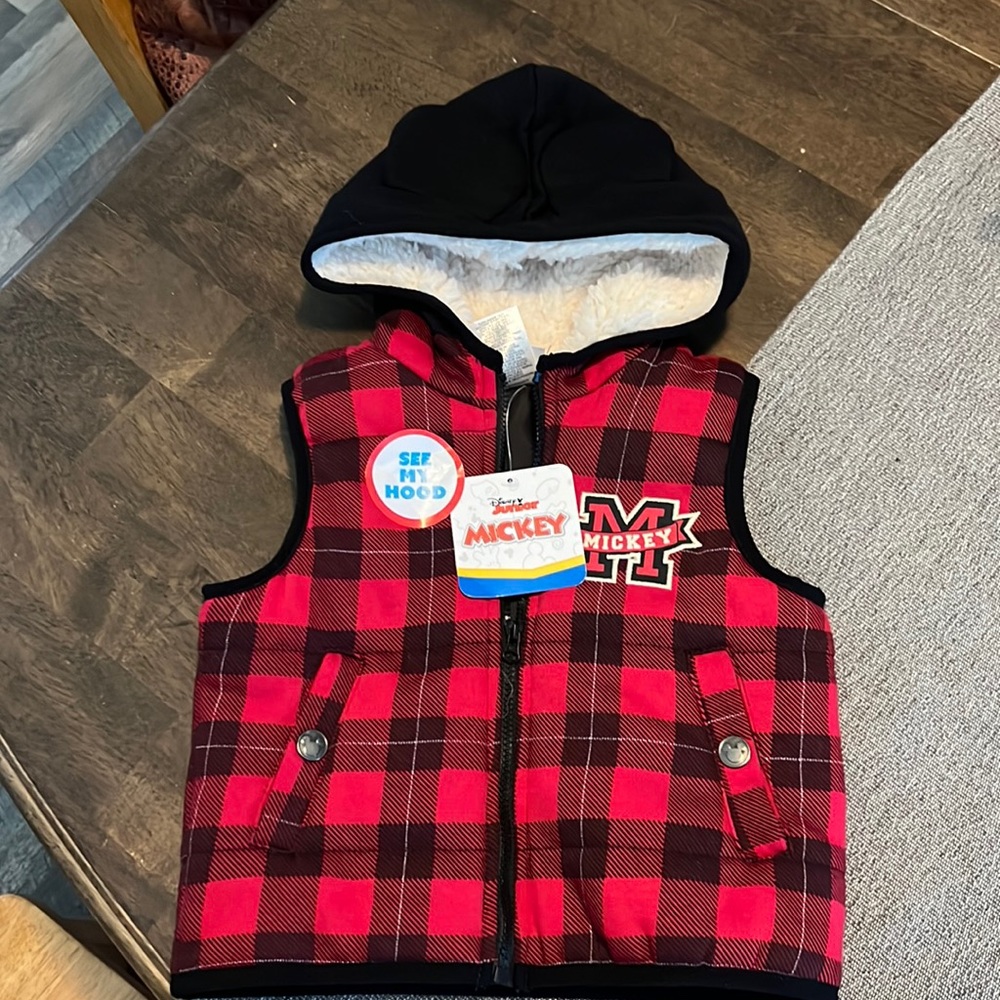 Disney Junior Plaid Mickey Hoodie Vest w/ Ears